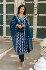 Blue Embroidered Crepe Kurta Set with Rayon Pants & Organza Dupatta - Image 2