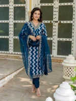 Blue Embroidered Crepe Kurta Set with Rayon Pants & Organza Dupatta - Image 4