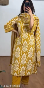 Women cotton straight printed kurta with pant and dupatta set - Image 4