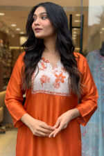 Orange Embroidered Kurta with Trouser & Dupatta - Image 3