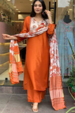 Orange Embroidered Kurta with Trouser & Dupatta - Image 4