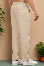 Beige Pure Linen Trousers With Elastic Waist Band - Image 2