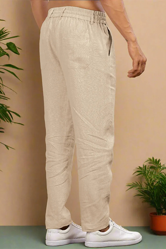Beige Pure Linen Trousers With Elastic Waist Band - Image 2