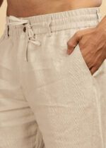 Beige Pure Linen Trousers With Elastic Waist Band - Image 3