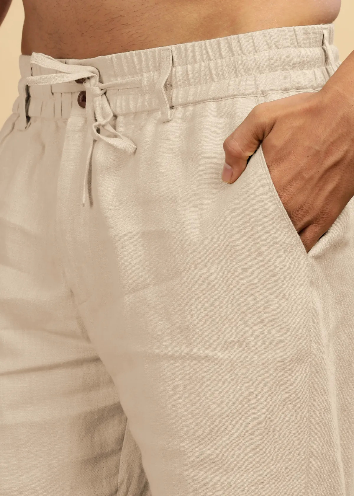 Beige Pure Linen Trousers With Elastic Waist Band - Image 3