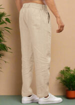 Beige Pure Linen Trousers With Elastic Waist Band - Image 4