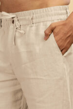 Beige Pure Linen Trousers With Elastic Waist Band - Image 5