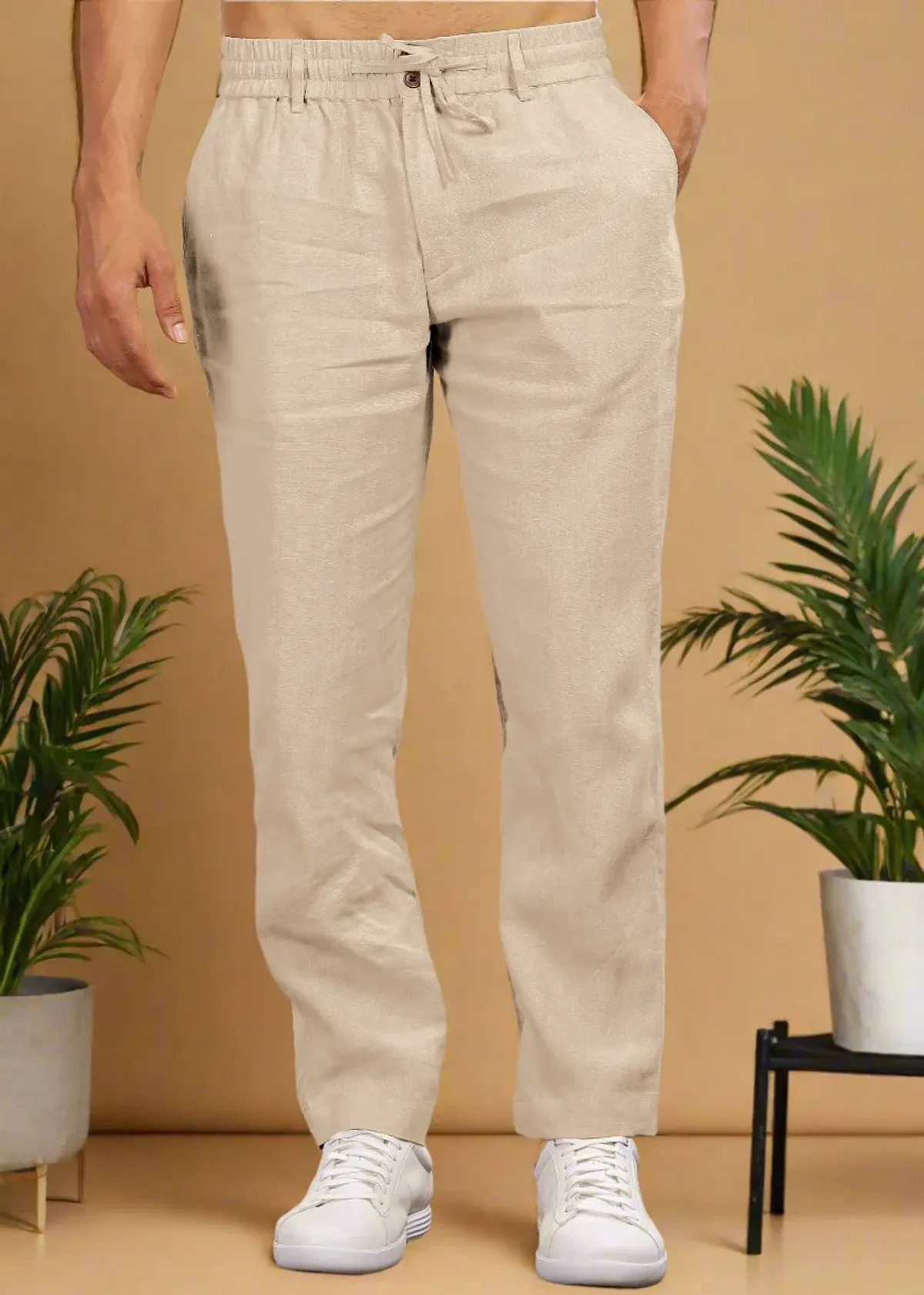 Beige Pure Linen Trousers With Elastic Waist Band - Image 6