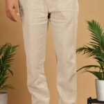 Beige Pure Linen Trousers With Elastic Waist Band