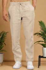 Beige Pure Linen Trousers With Elastic Waist Band