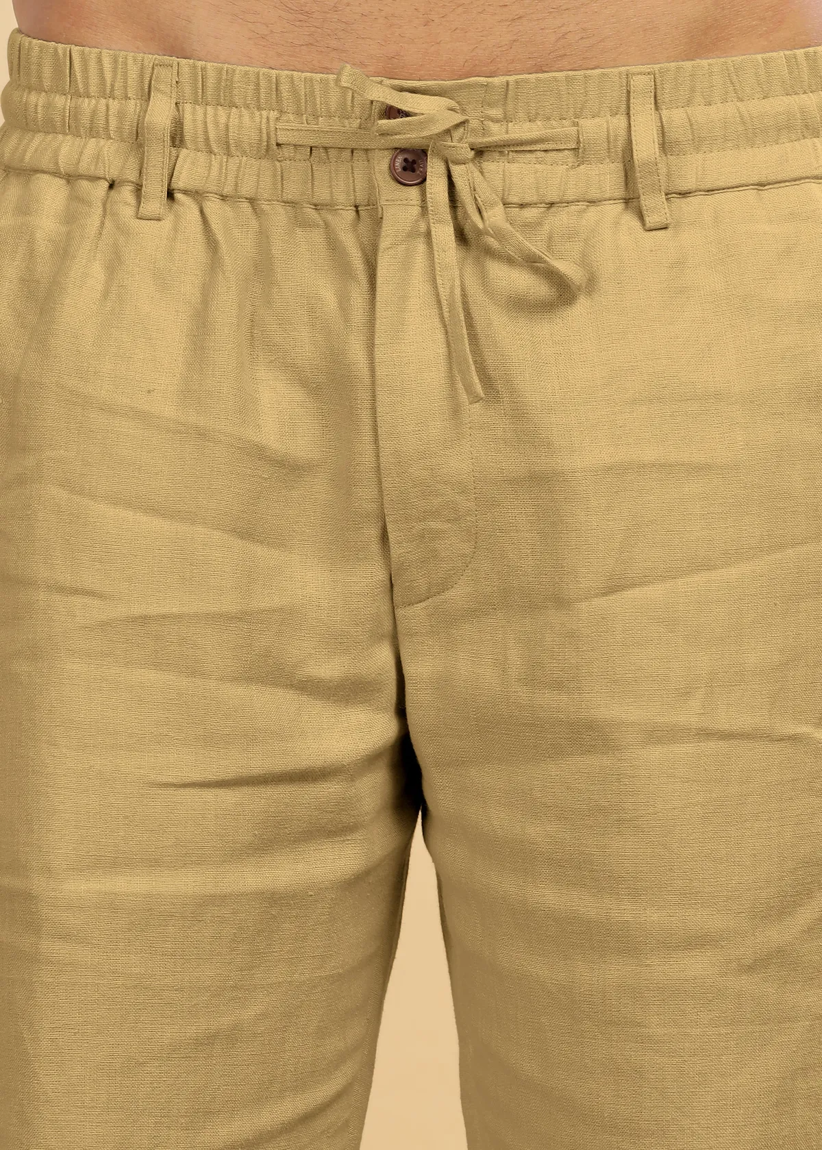 Khaki Pure Linen Trousers With Elastic Waist Band - Image 3