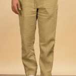 Khaki Pure Linen Trousers With Elastic Waist Band