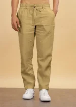 Khaki Pure Linen Trousers With Elastic Waist Band - Image 5