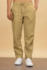 Khaki Pure Linen Trousers With Elastic Waist Band