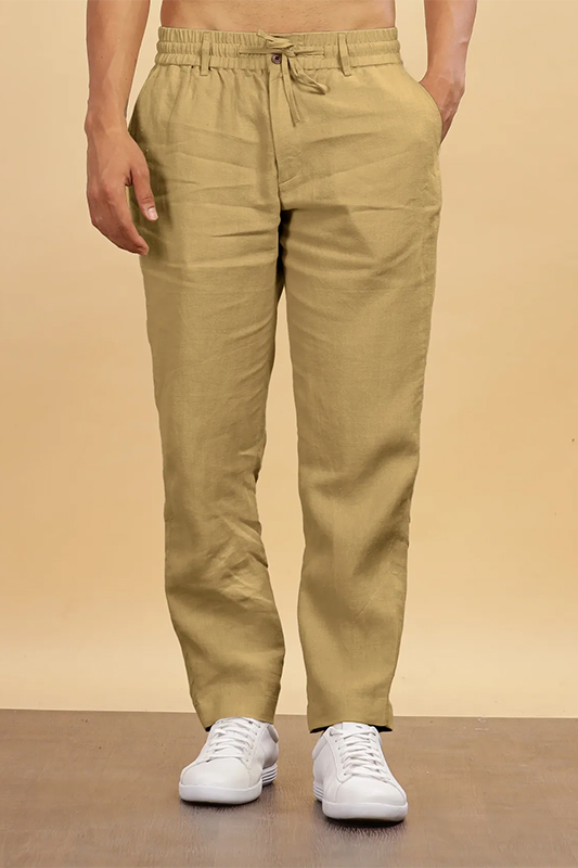 Khaki_Pure_Linen_Trousers_With_Elastic_Waist_Band_D21TQTNBDS_2026-03-03_1 Khaki Pure Linen Trousers With Elastic Waist Band - Image 1