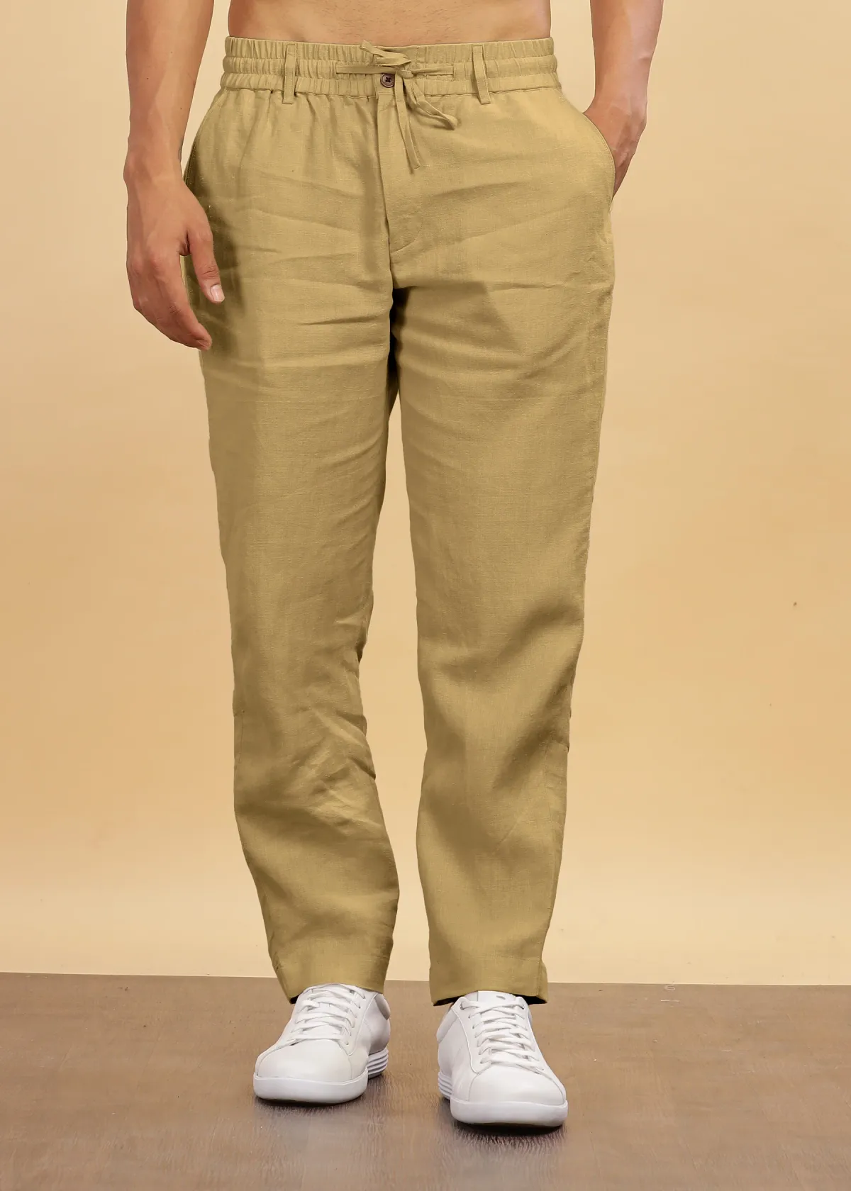 Khaki Pure Linen Trousers With Elastic Waist Band - Image 5