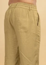 Khaki Pure Linen Trousers With Elastic Waist Band - Image 6