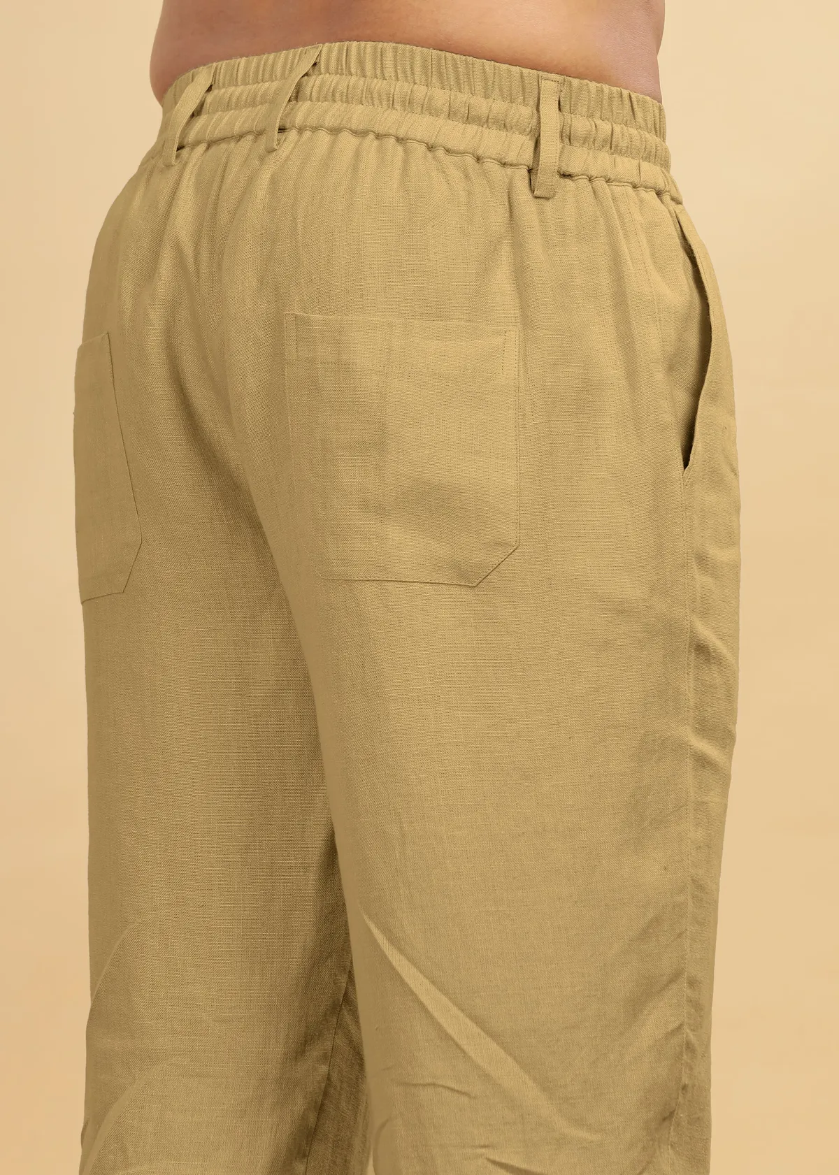 Khaki Pure Linen Trousers With Elastic Waist Band - Image 6