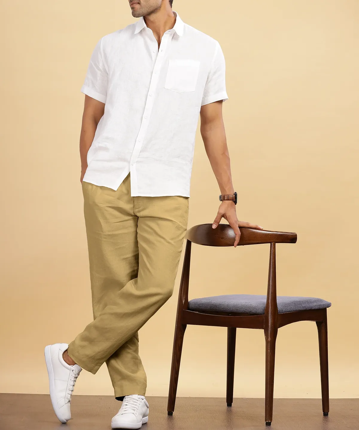 Khaki Pure Linen Trousers With Elastic Waist Band - Image 4