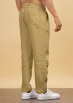 Khaki Pure Linen Trousers With Elastic Waist Band - Image 2