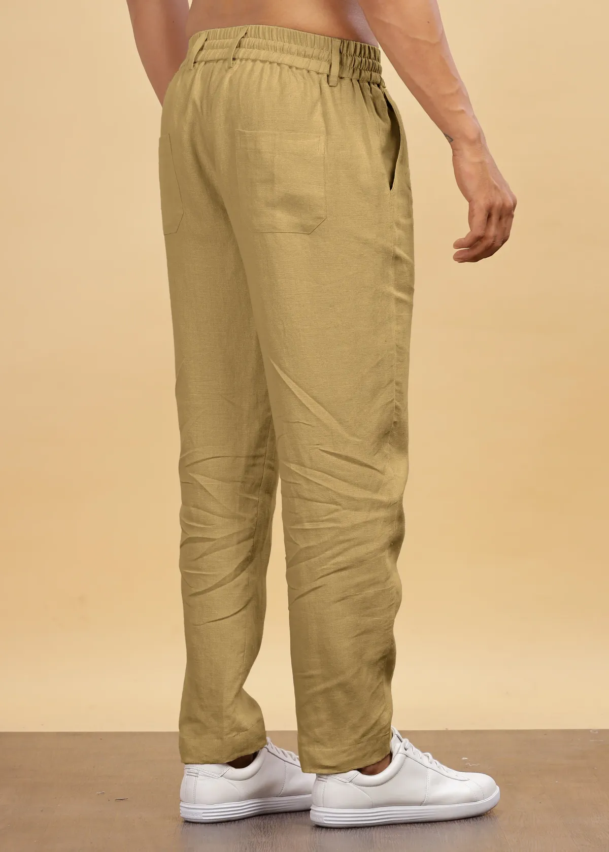 Khaki Pure Linen Trousers With Elastic Waist Band - Image 2