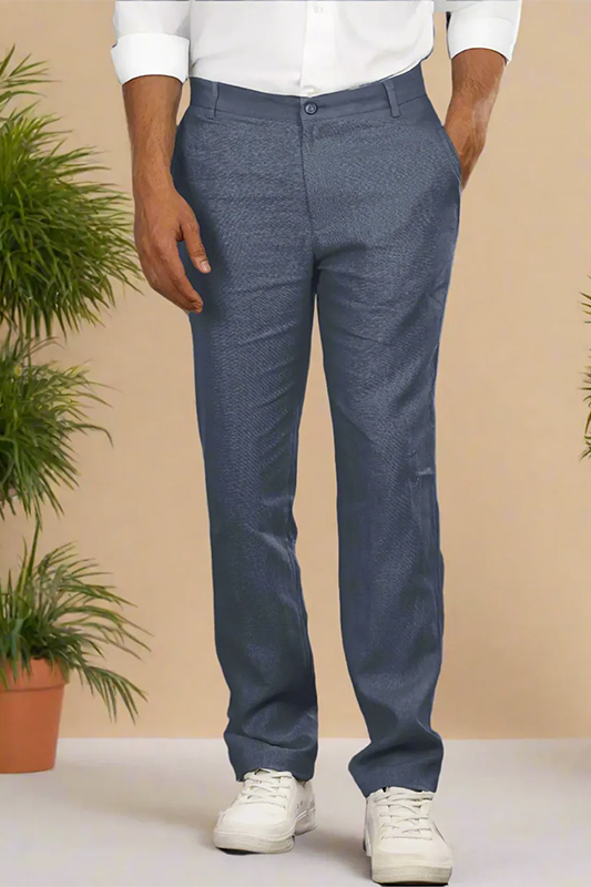 Men's Dark Blue Grey Linen Cotton Trouser - Image 1