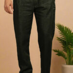 Dark Green Pure Linen Trousers With Elastic Waist Band