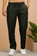 Dark Green Pure Linen Trousers With Elastic Waist Band