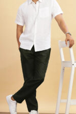 Dark Green Pure Linen Trousers With Elastic Waist Band - Image 3