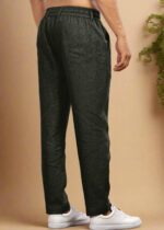 Dark Green Pure Linen Trousers With Elastic Waist Band - Image 5