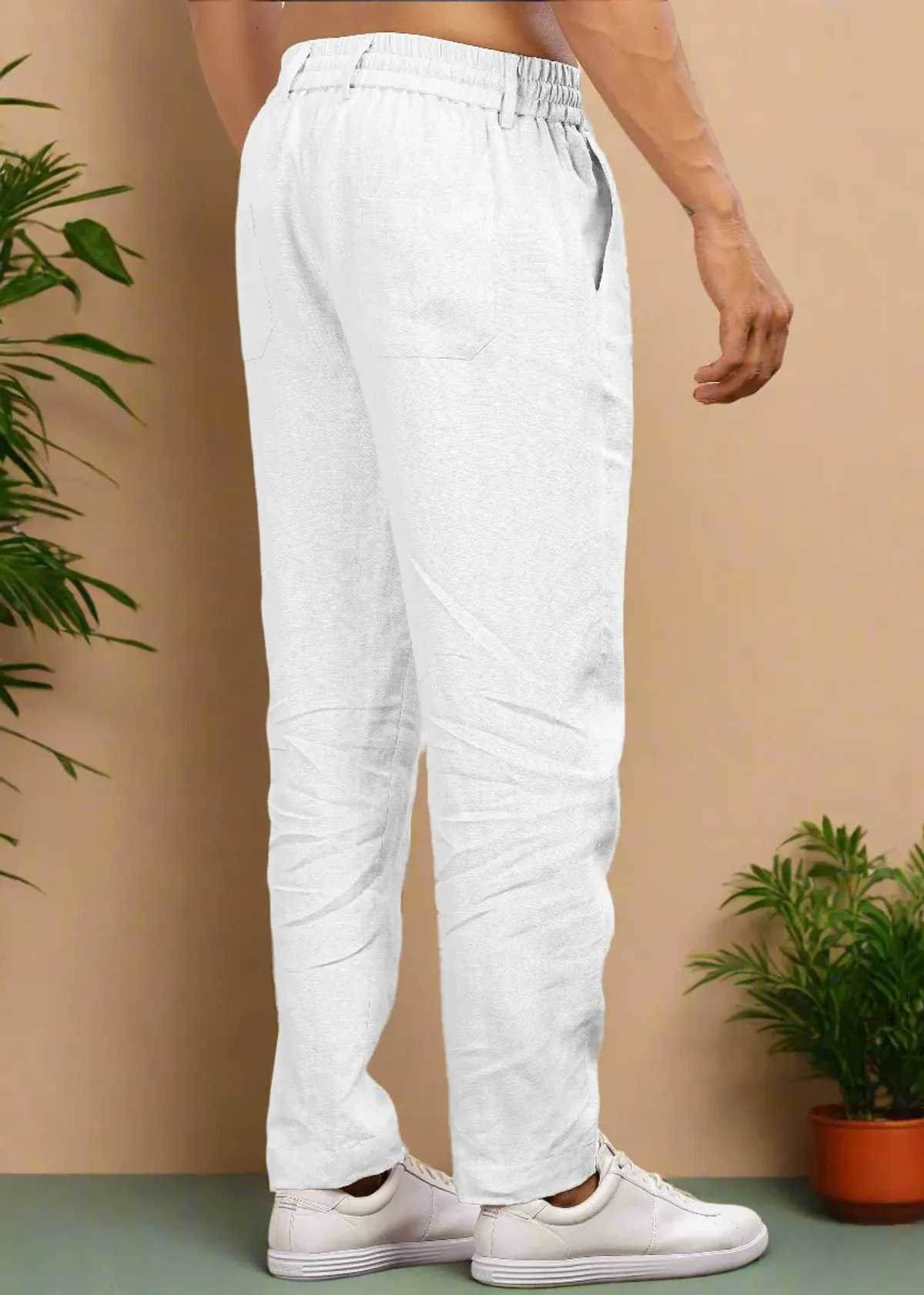 White Pure Linen Trousers With Elastic Waist Band - Image 2