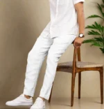 White Pure Linen Trousers With Elastic Waist Band - Image 3