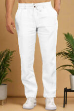 White Pure Linen Trousers With Elastic Waist Band