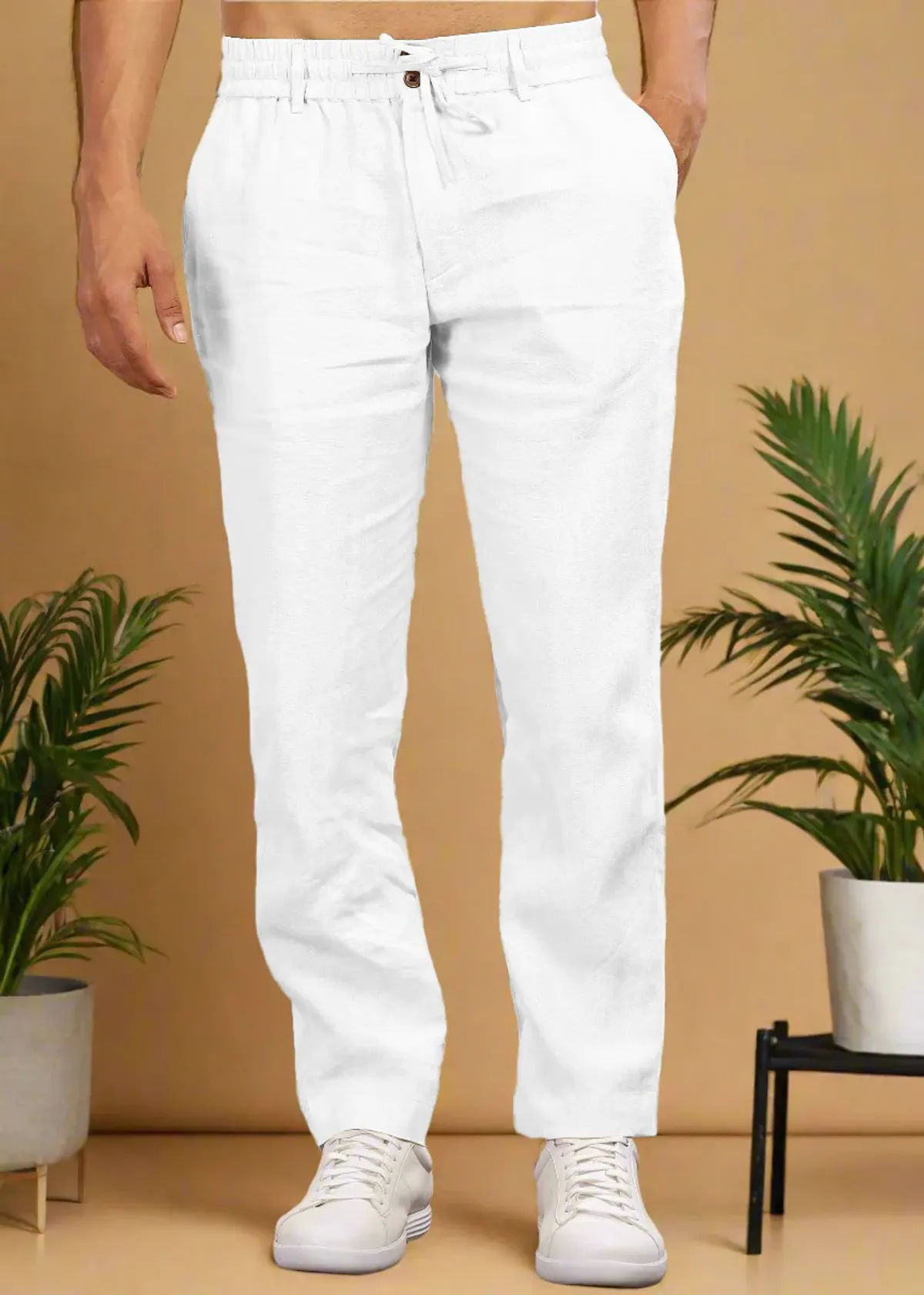 White Pure Linen Trousers With Elastic Waist Band - Image 5