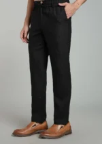 Black Pure Linen Trousers With Elastic Waist Band - Image 4