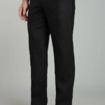 Black Pure Linen Trousers With Elastic Waist Band